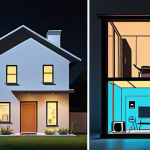 ** A split-screen illustration. On one side, a modern home with LED lighting, energy-efficient appliances, and a family consciously turning off lights and unplugging devices. On the other side, a graph showing a significant decrease in the electricity bill and a smaller carbon footprint. The overall tone is bright, positive, and environmentally conscious.

**