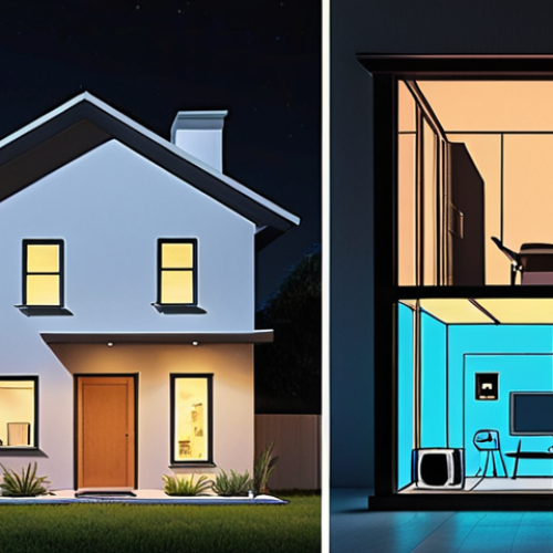 ** A split-screen illustration. On one side, a modern home with LED lighting, energy-efficient appliances, and a family consciously turning off lights and unplugging devices. On the other side, a graph showing a significant decrease in the electricity bill and a smaller carbon footprint. The overall tone is bright, positive, and environmentally conscious.

**
