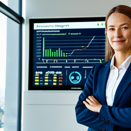 A professional businesswoman in a modest business suit, standing confidently in a modern, sunlit corporate office. Behind her, a large digital display shows a clean energy graph and subtle renewable energy icons, symbolizing environmental policy impact and sustainable business practices. The setting emphasizes responsible corporate governance and a forward-looking approach. Professional dress, fully clothed, appropriate attire, safe for work, perfect anatomy, correct proportions, natural pose, well-formed hands, proper finger count, natural body proportions, high quality, professional photography, family-friendly.