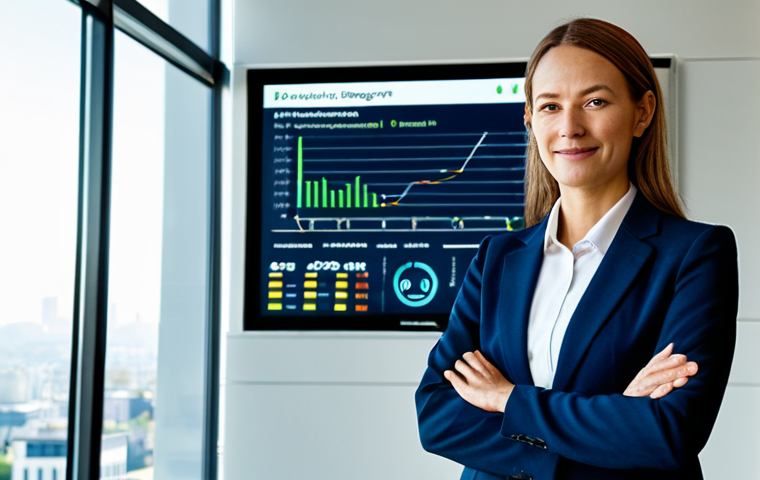 A professional businesswoman in a modest business suit, standing confidently in a modern, sunlit corporate office. Behind her, a large digital display shows a clean energy graph and subtle renewable energy icons, symbolizing environmental policy impact and sustainable business practices. The setting emphasizes responsible corporate governance and a forward-looking approach. Professional dress, fully clothed, appropriate attire, safe for work, perfect anatomy, correct proportions, natural pose, well-formed hands, proper finger count, natural body proportions, high quality, professional photography, family-friendly.