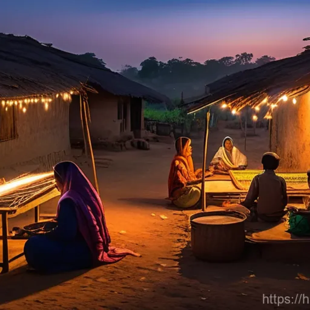 에너지 전환과 사회적 변화 - **Prompt 1: "Hopeful Evening in a Solar-Powered Indian Village"**
    A vibrant, realistic depiction...