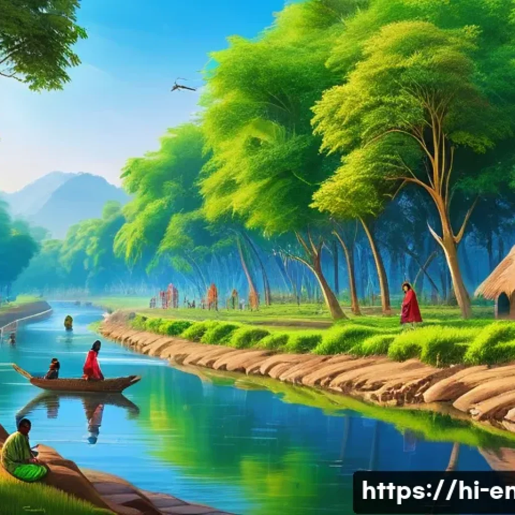 환경적 윤리와 철학 - A serene and vibrant Indian village scene showcasing harmony between humans and nature: villagers pl...