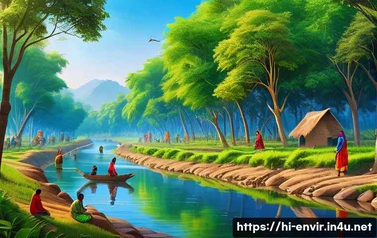 환경적 윤리와 철학 - A serene and vibrant Indian village scene showcasing harmony between humans and nature: villagers pl...