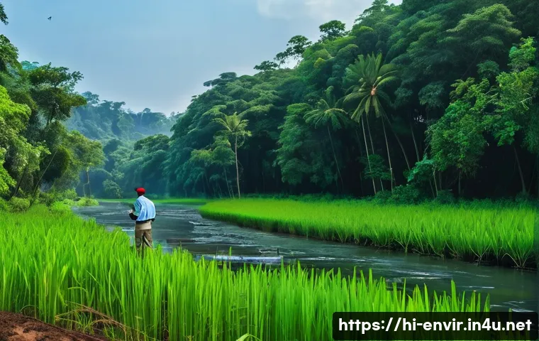 환경학 연구 방법 - A detailed scene of an environmental field survey near a dense Indian forest and riverbank during di...