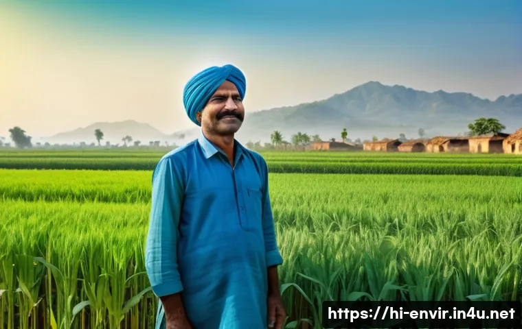 기후 변화와 농업의 적응 전략 - A vibrant Indian farmer in traditional attire stands proudly in a lush wheat field intercropped with...