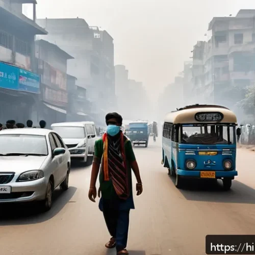 Home 33 대기 중 미세먼지의 영향 - A detailed urban street scene in an Indian city during heavy smog conditions, showing dense traffic ...