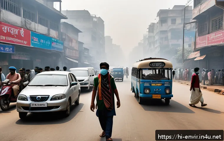 대기 중 미세먼지의 영향 - A detailed urban street scene in an Indian city during heavy smog conditions, showing dense traffic ...