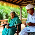 Home 20 기후 변화와 건강 위험 - A detailed scene showing a middle-aged Indian man and an elderly Indian woman sitting in a shaded ve...
