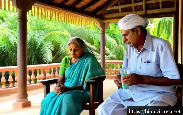 기후 변화와 건강 위험 - A detailed scene showing a middle-aged Indian man and an elderly Indian woman sitting in a shaded ve...