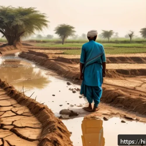 Home 31 기후 변화와 식수 문제 - A rural Indian village scene showing a dried-up riverbed where water once flowed, surrounded by crac...