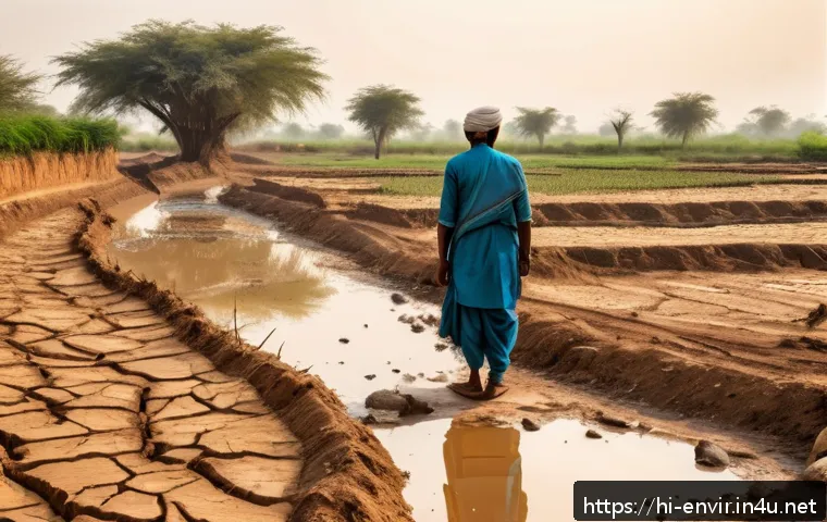기후 변화와 식수 문제 - A rural Indian village scene showing a dried-up riverbed where water once flowed, surrounded by crac...