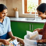 Home 18 탄소 중립 목표 달성 - A vibrant Indian family in a sunny kitchen setting, actively sorting recyclable materials like plast...