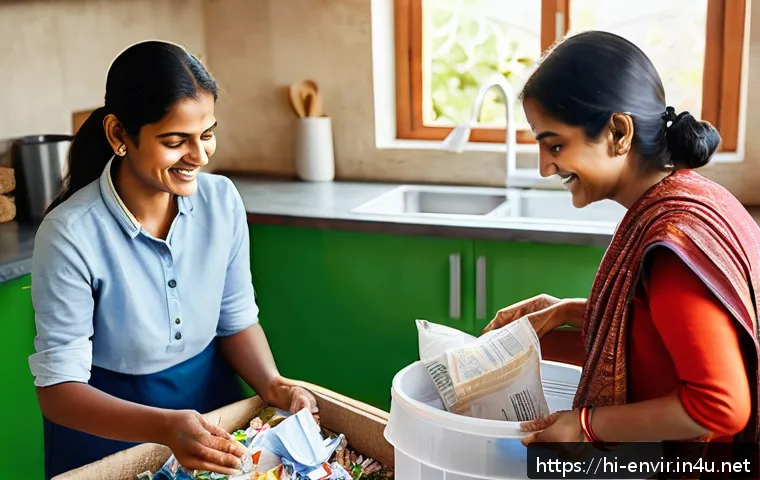 탄소 중립 목표 달성 - A vibrant Indian family in a sunny kitchen setting, actively sorting recyclable materials like plast...