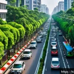 Home 23 미래의 지속 가능한 도시 - A bustling Indian smart city street scene during daytime, featuring intelligent transport systems wi...