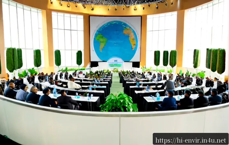 국제 환경 컨퍼런스 - Photorealistic international environmental conference in a modern New Delhi convention hall, diverse...